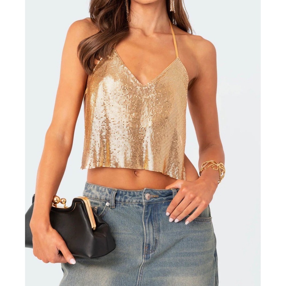 edikted Gold Chainmail Halter Top Metallic V-Neck Backless Festival Crop Top L